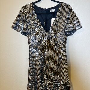 Southern Fried Chics Elegant Black and Silver Sequin Midi Dress